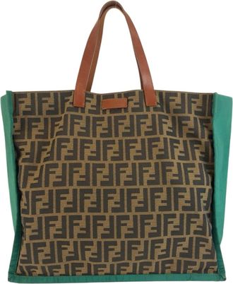 Fendi Brown Green Canvas Leather Handbag Tote Bag (Pre-Owned)