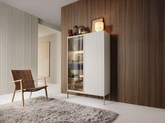 Vente-Unique Vetrina 2 ante e 1 cassetto con LED in MDF e Vetro fum&eacute; Beige e Nero OVILA