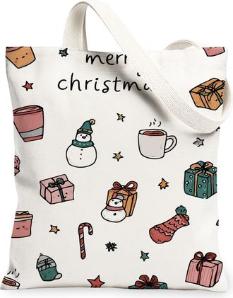 Generic Christmas Holiday Canvas Tote Bags, Festive Winter Design Reusable Grocery Bags, Lightweight Washable Shoulder Strap Canvas, White, 13x15 Inch