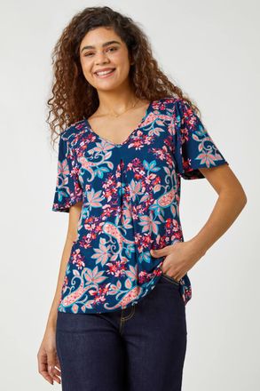 Roman Paisley Print V-Neck Stretch T-Shirt