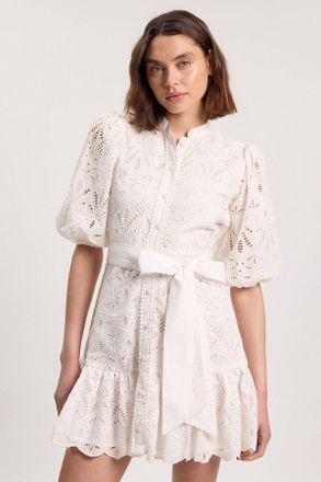 Karen Millen Womens Scalloped Hem Broderie Mini Shirt Dress - White Cotton - Size 18 UK