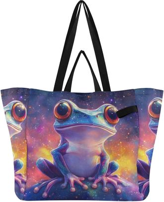 Generic Blue Frog Stars print Reusable Canvas Tote Bag, Heavy Duty Grocery Shopping Bag with Large Capacity Double Handles Hard Bottom Work Groceries Travel