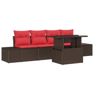 vidaXL Juego De Sof&aacute; Con Coj&iacute;n 5 Pcs Marr&oacute;n Y Rojo Rat&aacute;n Sint&eacute;tico Vidaxl