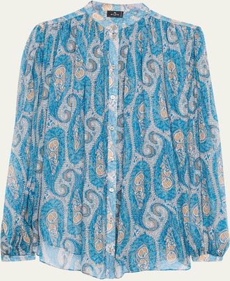Etro Pleated Paisley Silk Button-Down Blouse