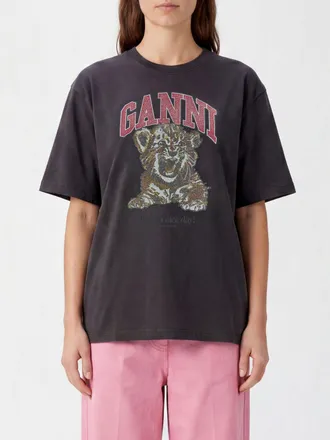 Ganni T-shirt in cotone a girocollo con maxi logo frontale