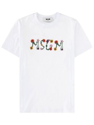 Msgm Neutrals Floral Logo Playful Embroidered Cotton T-Shirt