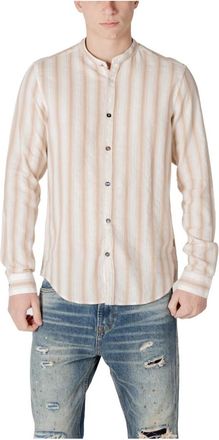 Gianni Lupo Overhemden, Heren, Beige, 2Xl, Katoen, Gestreept katoenen overhemd met mandarijnkraag