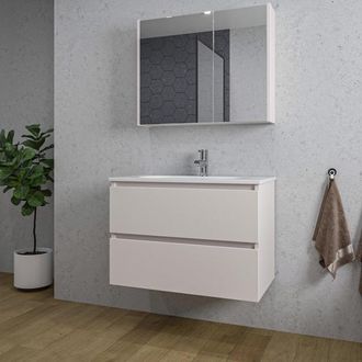 Saniclass Chaci Badkamermeubelset - 80x46x55cm - keramische wastafel wit - 1 ovale wasbak - 1 kraangat - 2 lades - spiegelkast - mat cotton (beige)