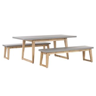 Beliani Conjunto De Jard&iacute;n Cemento Reforzado Gris Madera De Acacia Clara Mesa De 6 Plazas 2 Bancos Para Exteriors Moderno