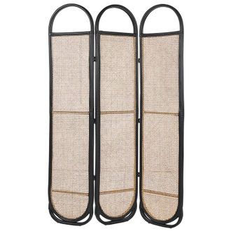 Beliani Biombo 3 Paneles De Rat&aacute;n Natural Madera Clara Negro 118 X 180 Cm Separador Plegable Cortona