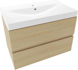 Puma Naturel - Set Mueble De Ba&ntilde;o Mural 80x50x45,5 Cm + Lavabo De Cer&aacute;mica 81x46 Cm, Madera Clara/blanco (verona80sdu3)