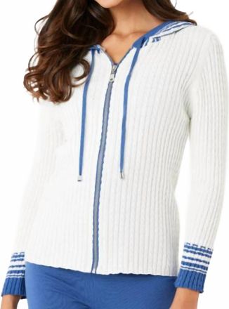 French Kyss Denim Braided V Neck Hoodie In Ivory & Blue