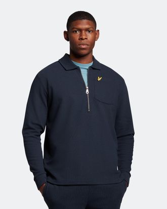Lyle & Scott Mens Crest Textured Quarter Zip Sweatshirt in Navy Cotton - Size X-Large