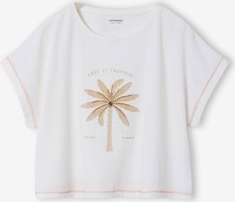 Vertbaudet Kastenf&ouml;rmiges T-Shirt, Palmen-Stickerei mit Perlen M&auml;dchen wollwei&szlig;