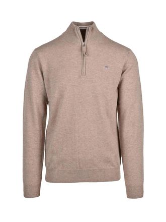 GANT Zip-Neck Beige Wool Pullover With Ribbed Details