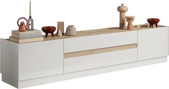Vente-Unique Mueble de TV con 2 puertas y 2 cajones - Blanco lacado y Natural - EMORA