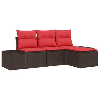 vidaXL Juego De Sof&aacute; Con Coj&iacute;n 4 Pcs Marr&oacute;n Rattan De Poli&eacute;ster Vidaxl