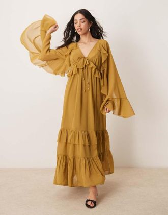 Asos long sleeved v neck midaxi dress with tie details in olive-Green