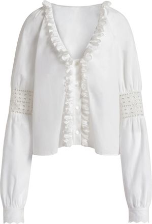 Alberta Ferretti Cropped White Blouse with Ruffled V-Neckline