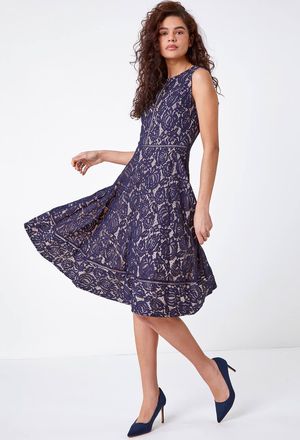 Roman Fit And Flare Lace Midi Skater Dress