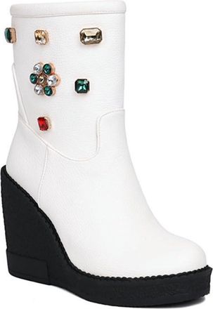 Generic Womens Platform Round Toe Wedge Heel Ankle Boots with Rhinestones Decor Comfort Slip On Winter Shoes (5.5,White)