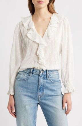 D&ocirc;en Hardy Ruffle Pintuck Organic Cotton Top in Salt Marseille Embroidery at Nordstrom, Size X-Large