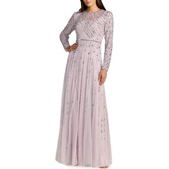Mac Duggal Hand Embellished Long Sleeve A-Line Gown in Vintage Lilac at Nordstrom, Size 18