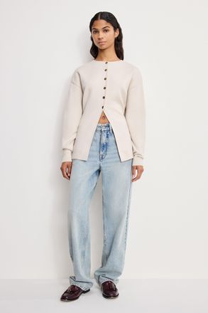 Good American Womens Exaggerated Sleeve Cardigan Sweater | Light Taupe, Size Large | Good American by Khlo&Egrave; Kardashian