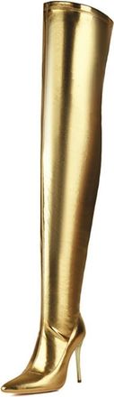 Generic Womens Fashion Metallic Pointed Toe Over The Knee Riding Boots Stretch Thigh High Side Zip Catwalk Dance Shoes (5.5,Gold)