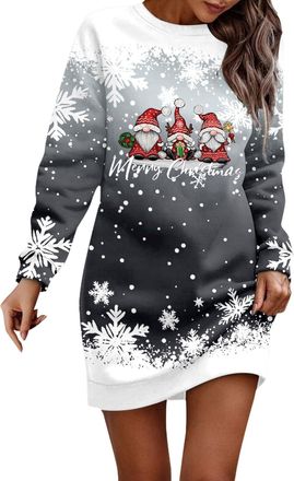 Generic Christmas Dress for Women Funny Christmas Jumper Womens Long Sweat Dress with Reindeer Pattern Pullover Dress Round Neck Long Sleeve Pullover Clothing