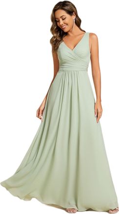 Ever-pretty Women Maxi Bridesmaid Dress Chiffon A-Line Pleated Double V Sleeveless Dark Green 14UK
