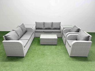 Fimous PE Rattan High Back Lounge Sofa Set Patio Coffee Table & Chairs Set with 3 Seater Sofa Reclining Chair 2 Side Table Light Grey