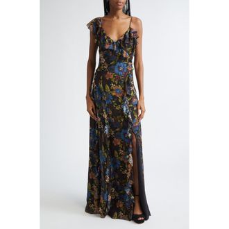 Veronica Beard Madeline Floral Print Ruffle Asymmetric Silk Gown in Black Multi at Nordstrom, Size 0