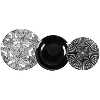 Trade Shop TrAdE Shop Traesio - Set Servizio Di Piatti Da Tavola In Porcellana Da 18pz Decori Bianco Nero Moderno Elegante
