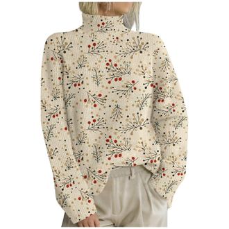 Generic Christmas Jumpers for Women UK Casual High Neck Christmas Sweater Fall Winter Elegant Funny Xmas Tree Snowflake Reindeer Printed Chunky Knitted Jumper