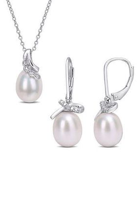 Delmar Sterling Silver, Diamond, & 7.5-8mm & 8.5-9mm Cultured Freshwater Pearl Earrings & Necklace Set - 0.03 ctw in White at Nordstrom Rack