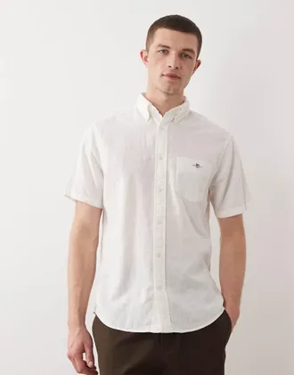 GANT Camicia in cotone e lino bianca a maniche corte con logo a scudo-Bianco