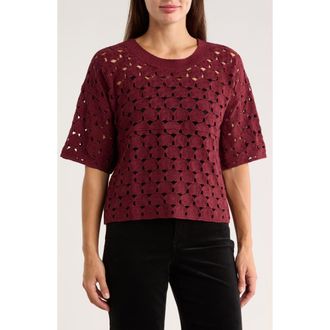 Bobeau Floral Crochet Short Sleeve Top in Burgundy at Nordstrom Rack, Size X-Small