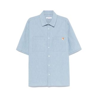 Maison Kitsun&eacute; Short Sleeve Shirts, male, Blue, Size: S Blue Button-Up Shirt with Fox Motif