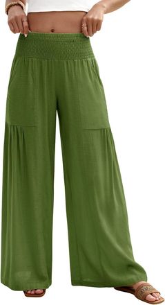 Heekpek Linen Trousers Womens Summer Wide Leg Baggy Lounge Pants Pleated Elasticated Waist Comfy Lightweight Beach Trousers with Pocket, Green, XXL