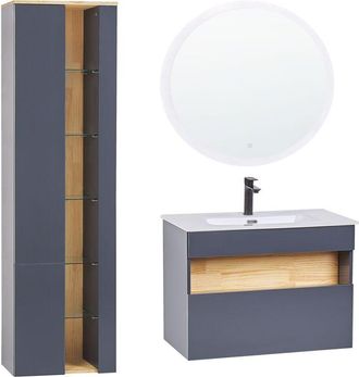 Beliani Beliani - Mueble de baño con espejo led gris mdf lavabo de cerámica armario pared Figueres