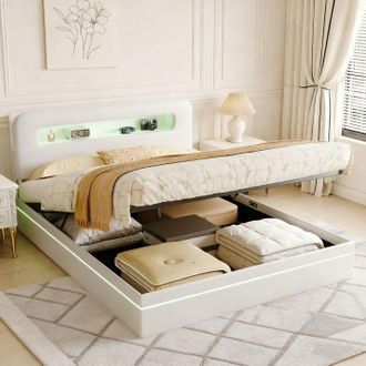 OEM Cama Lit 160x200 - Terciopelo Beige - Hidr&aacute;ulica - Cabecera Led - Acolchada - Somier Incluido