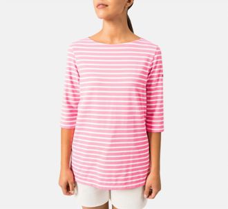 Saint James Boat Neck Striped Tunic Top In White/neon