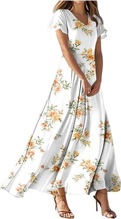 Generic Summer Dresses for Women UK Empire Waist Comfy Boho Floral Print V Neck Ladies Maxi Dress Beach Swing Long Dresses Slim Fit A Line Wrap Flowy Dress wi