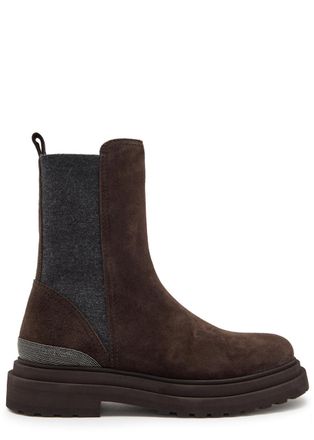 Brunello Cucinelli Suede and Knit Ankle Boots - Brown - 39 (IT39/ UK6)