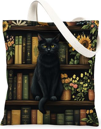 Generic Spring Bombay Cat Canvas Tote Bag for Shopping 13x15, Flower Bookshelf Kitten Reusable Grocery Print Bag for Women, Fun Pet Beach Aesthetic Painting G