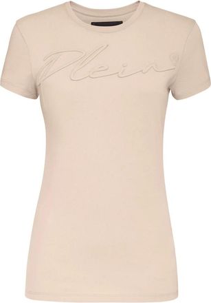 Philipp Plein Tops, Dames, Beige, S, Katoen, T-Shirt Ronde Hals Signature