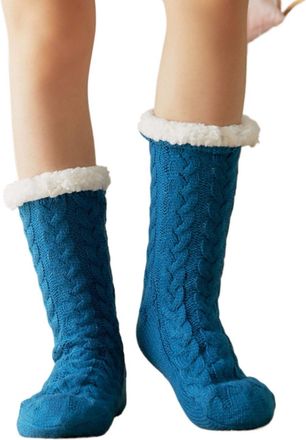 Generic Womens Heated Winter Grip Sole Fleece Lined Boot Socks for Indoor Outdoor Use (Twist lake blue)