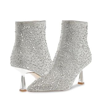 Steve Madden Flashee Boots Womens Silver Rhinestone Ankle Bootie RHS8354