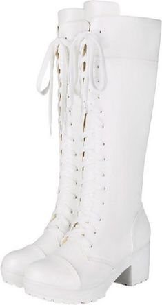 Generic Womens Lace-Up Mid-Calf Equestrian Boots with Chunky Heel, Casual Autumn Winter Style,White,7.5 UK